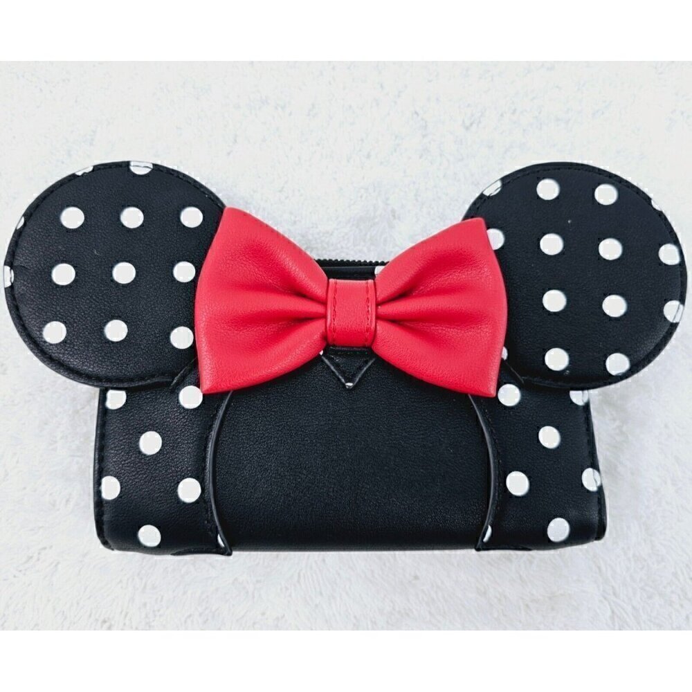 DISNEY LOUNGEFLY Minnie Mounse Red Bow Black and White Polka Dot Flap Wallet
